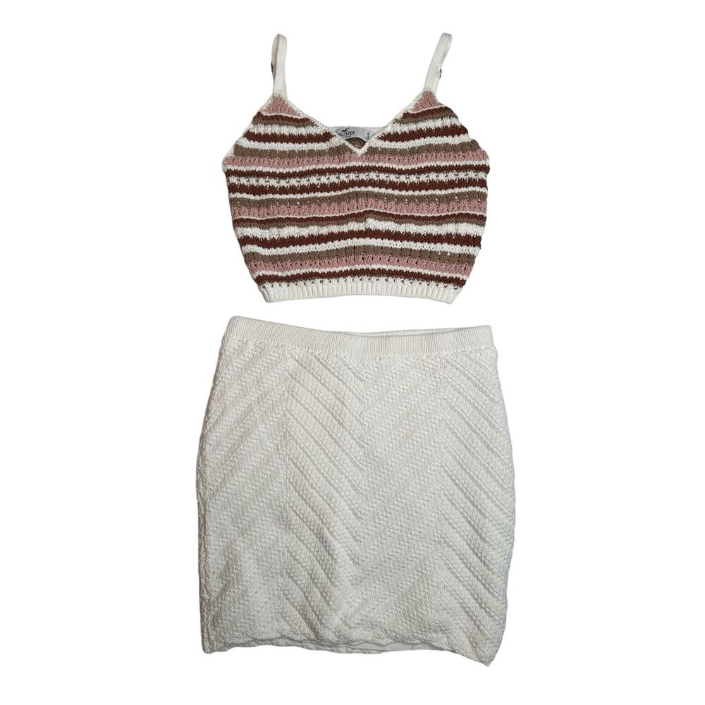 Hollister Y2K Crochet Striped Crop Top Tank and White Mini Skirt Set Boho Sz S